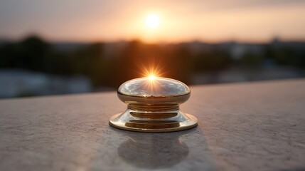 Golden hour sunlight reflects on a polished metallic object set against a blurred urban landscape