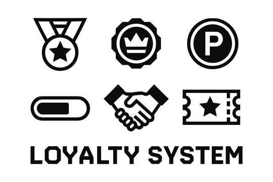 Loyalty system icons: reward, points, ticket, badge, handshake, medal