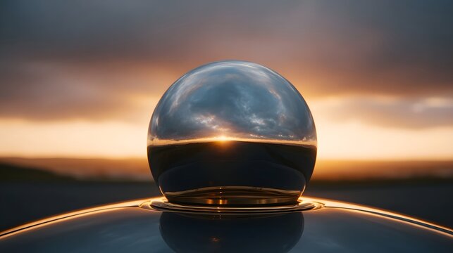 A polished sphere reflects a dramatic sunset sky during the golden hour showcasing atmospheric clouds and warm light