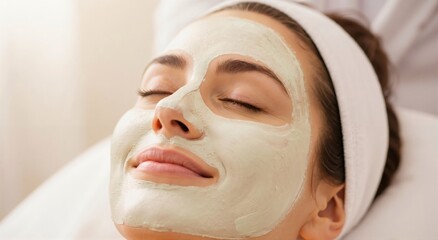 Woman with closed eyes receiving a clay facial mask treatment at a beauty salon. Skincare and relaxation concept for wellness and pampering.