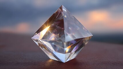 A faceted crystal prism reflects shimmering light and colors against a blurred twilight sky and landscape