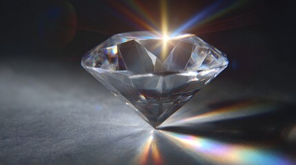 A brilliant cut diamond sparkles with intense light and rainbow refractions against a dark textured background