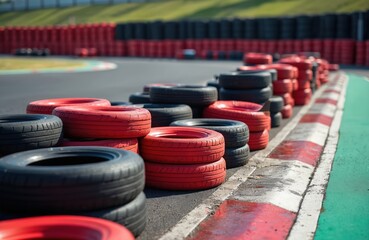 Stacks of red and black tires act as safety barriers on car racing circuit. These protective elements line asphalt track, ready for motorsport events. Durable rubber offers essential trackside safety.