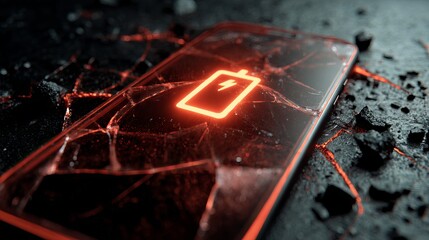Shattered phone screen glows with low battery warning on dark stone for tech repair advertisements and digital device protection concepts