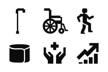 Disability and healthcare icons set in black silhouette style