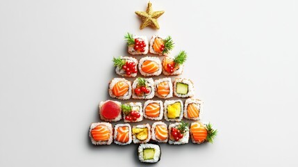 Sushi arranged in Christmas tree shape with star on white background. creative festive shushi banner, Japanese sushi restaurant promotion, Christmas special offer, menu, delicious rolls delivery