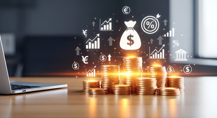 Finance Investment Business Growth Money Coins Digital Icons Copy Space