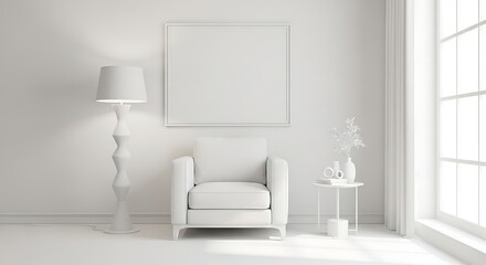 All White Room with Armchair, Floor Lamp, and Blank Frame interior minimalist