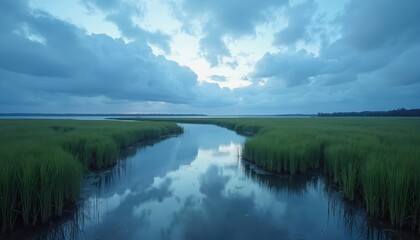 River winds through lush green marsh grass under a cloudy sky at dusk. Calm water reflects the sky and clouds, creating a peaceful natural scene. Serene waterscape shows shoreline in twilight.