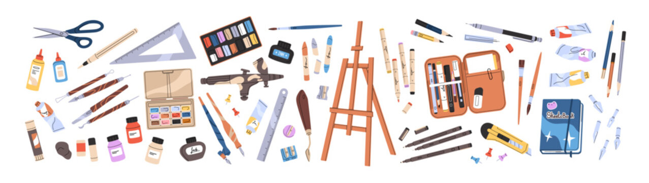 Set of drawing and painting tools. Different stationery for art. School supplies for craft: pencils, crayons, paints, brushes, easel, sketchbook. Flat isolated vector illustrations on white background
