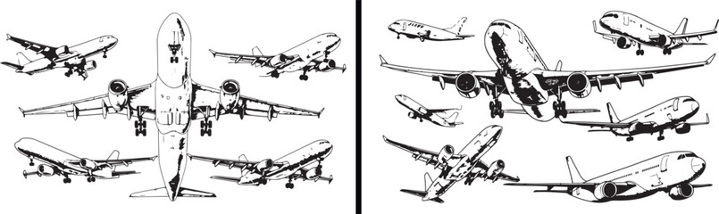 Airplane Illustration Vector, Aviation Doodle Art, Air Travel Sketch, Passenger Plane Drawing, Jet Aircraft Cartoon, Flight Transportation Design, Airport Icons Clipart, Flying Vehicle Outline, Aeropl