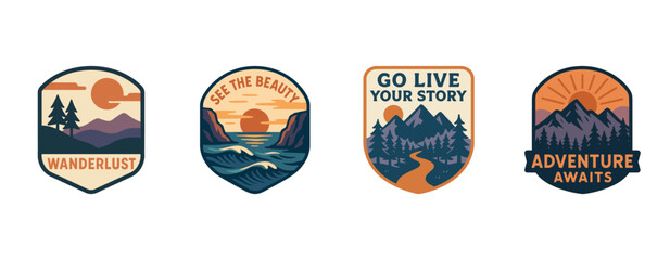 Set of nature adventure badges with mountains, forests, and inspirational quotes