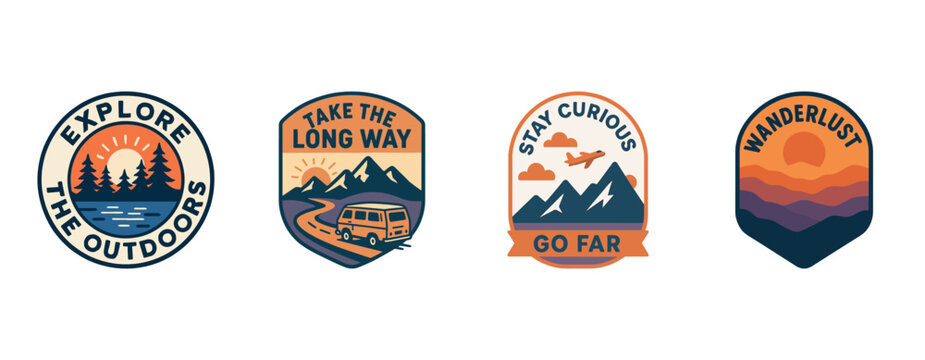 Adventure badges featuring nature scenes and travel inspirations