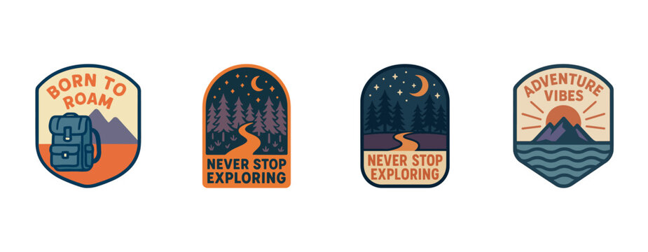 Adventure badges with mountains, forests, and inspiring quotes in vintage style