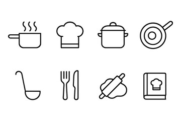 Simple linear icons of kitchenware and cooking utensils for culinary designs