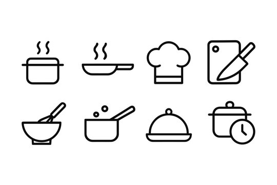 Minimalist kitchen icons: cooking utensils, chef hat, and tools in linear style - Powered by Adobe