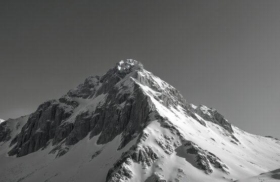 Snow covered mountain peak under grey sky. Jagged grey rock formations rise sharply from white snowy slopes. Steep mountain range with ice and snow.