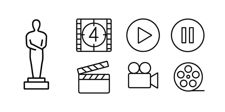 Film icon set featuring camera, clapboard, and minimalistic symbols for movie enthusiasts