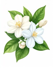 Obraz premium White blossoms and green leaves illustration, isolated