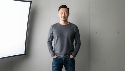 A confident Asian man in a casual gray shirt posing in a photo studio. Professional male model portrait against a minimalist concrete wall