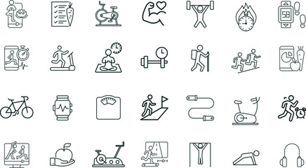 Fitness and Exercise Activity Vector Icons. Set of 32 line art symbols for gym workouts, health tracking, and wellness. Includes dumbbell, runner, yoga, and smartwatch