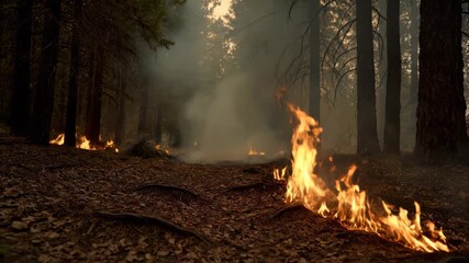 forest wildfire burns across ground. smoke drifts among tree trunks. flame and ember trace leaf litter. ash settles along trail. fire moves through nature. needle and leaf form carpet over soil.