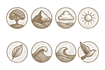 Obraz premium Nature icons set featuring tree, mountain, cloud, sun, leaf, waves, and bird in vintage circular design