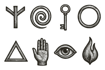 Obraz premium Mystical line art symbols collection: runes, ancient icons, and esoteric designs
