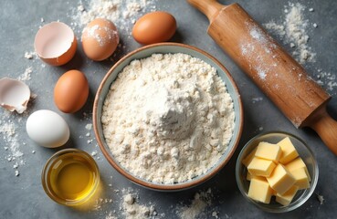 Baking ingredients laid out flour in bowl, eggs, butter cubes, oil, and rolling pin. Preparing dough for pizza, bread, or cakes on kitchen table.