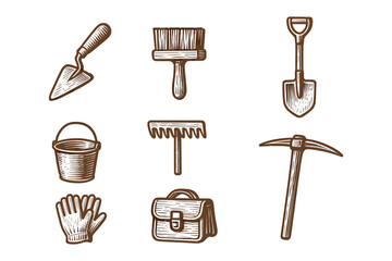 Vintage hand drawn garden tools set with shovel, rake, and trowel for gardening