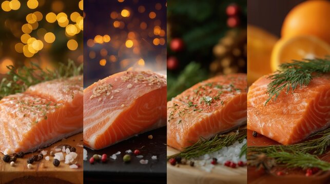 delicious design of salmon collage of Christmas dinner