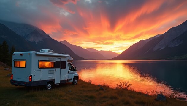 Motorhome sits by still lake as sun sets behind mountains. Orange sky reflects on water. Peaceful camping scene in nature. Adventure and travel.