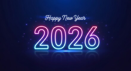 Neon Happy New Year 2026 Illustration on Dark Blue Background