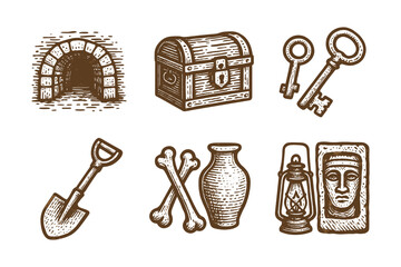 Vintage archaeology collection with treasure chest, keys, and ancient artifacts in hand drawn style
