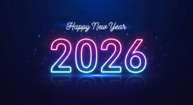Neon Happy New Year 2026 Illustration on Dark Blue Background
