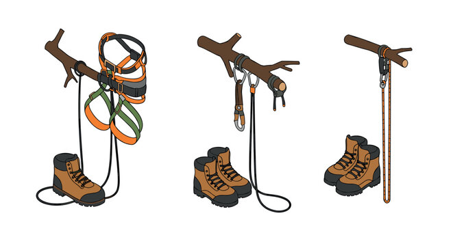 Climbing gear and hiking boots on branches for outdoor adventure enthusiasts