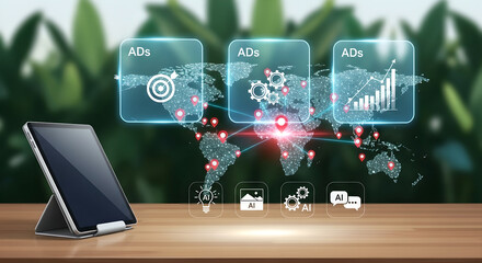 Digital Marketing Global Advertising AI Technology World Map Copy Space