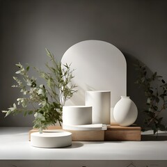 Minimalist product display with white geometric shapes and greenery.