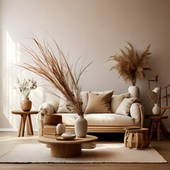 Minimalist Living Room Interior with Neutral Tones and Natural Decor.