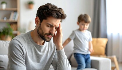 Fathers Headache - Stressed Parent with Child in Background.