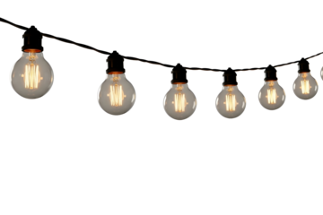 Hanging string light bulbs glowing isolated on transparent background PNG