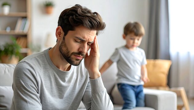 Fathers Headache - Stressed Parent with Child in Background.