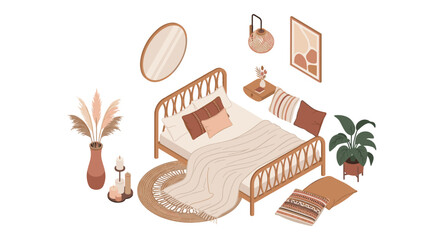Cozy bohemian bedroom with wicker bed and earth tone decor in isometric style