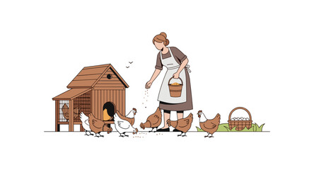 Farmer feeding chickens by the coop in minimalist style