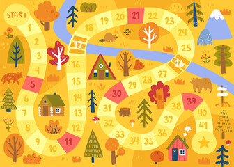 Autumn forest board game for kids. Doodle path game with fall woodland.
