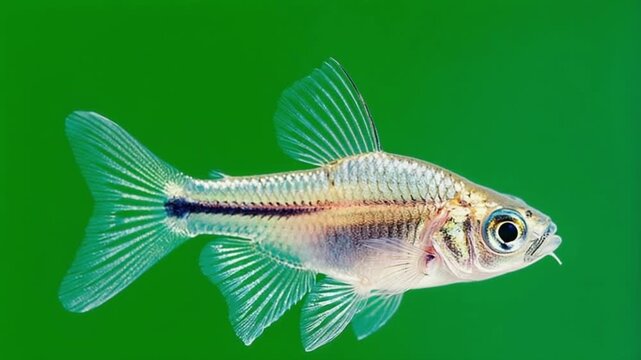 Close up shot of a translucent corydoras habrosus fish against a solid green colored background green screen fish video