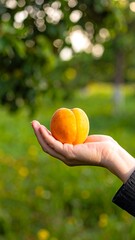 A hand holding a ripe, orange-yellow fruit outdoors