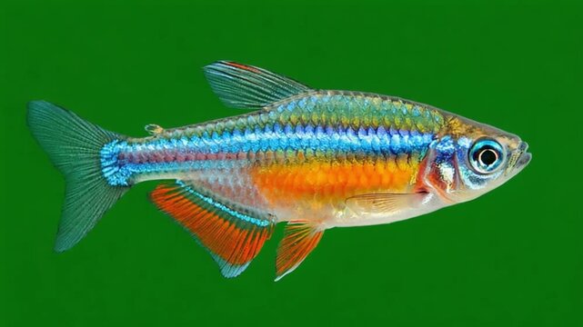 Close up view of a colorful neon tetra fish swimming in front of a green background image here now green screen fish video