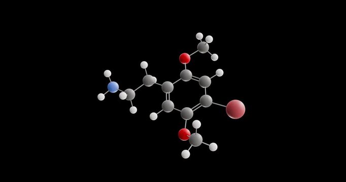 2C-B molecule, rotating 3D model of psychedelic drug, looped video on a black background
