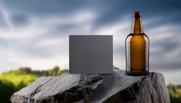 empty bottle box and card on rock pedestal